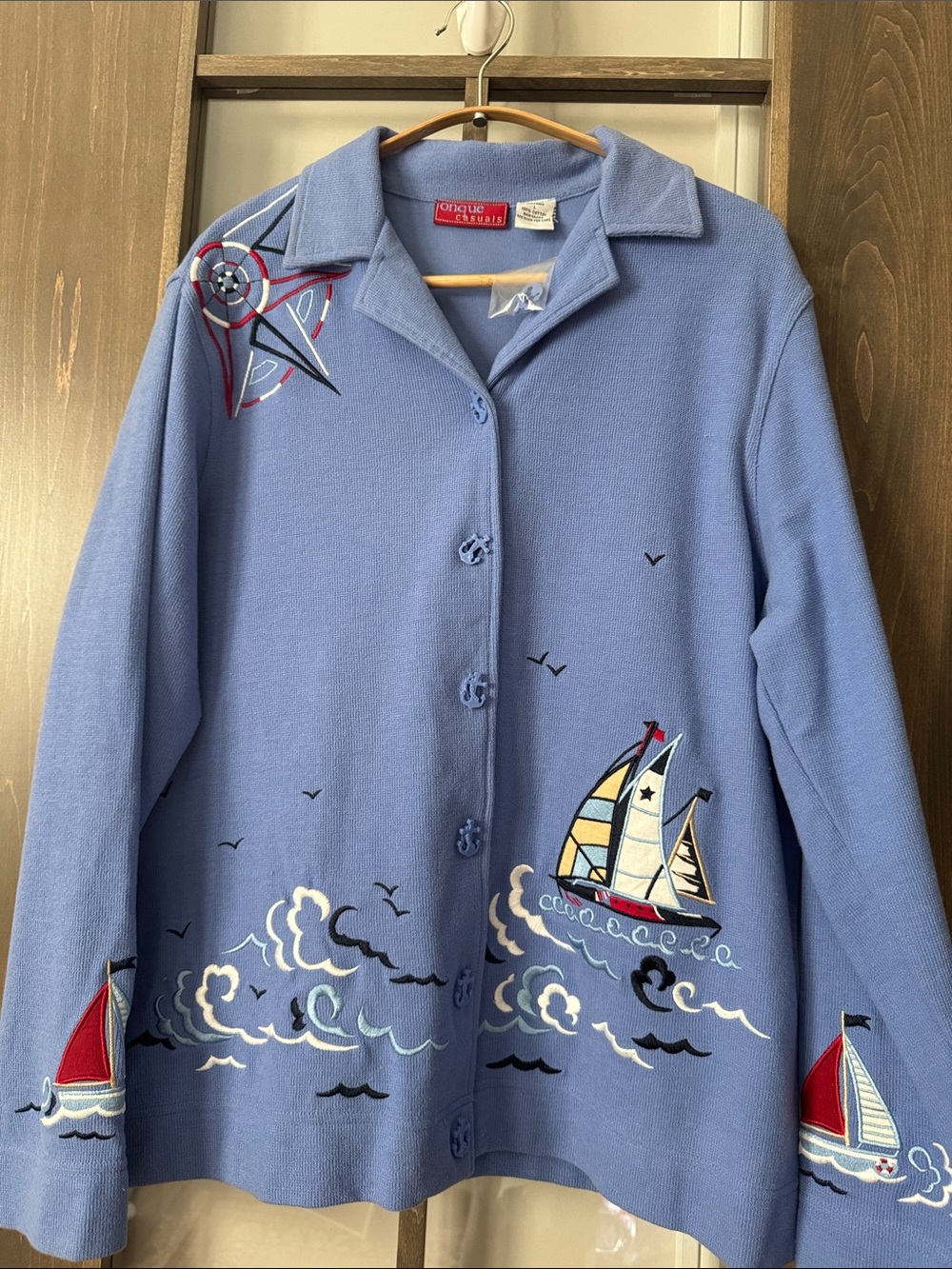 Cotton Cardigan Sailboat Embroidered Sailing Nautical Coastal Grandma Womens L